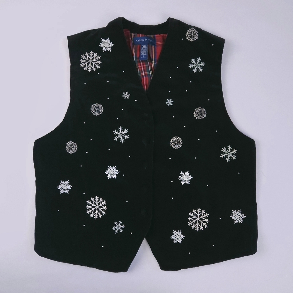Karen Scott Black Velvet Holiday Vest Embroidered Beaded Snowflakes Women's L